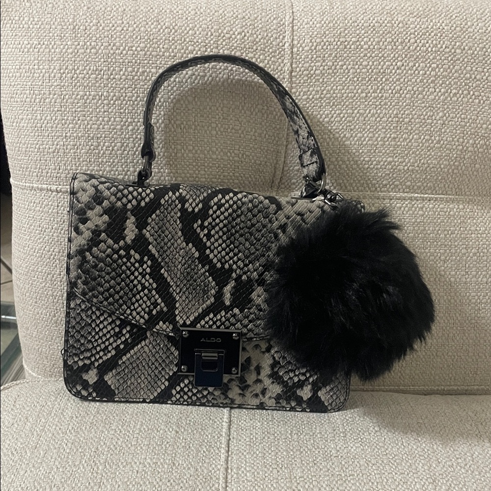 Aldo Gray Snake Print Satchel with Black Pom-Pom